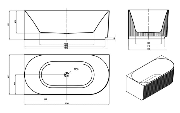 Attica Havana Left Corner 1700 Matte White Fluted Bath with Overflow technical drawing