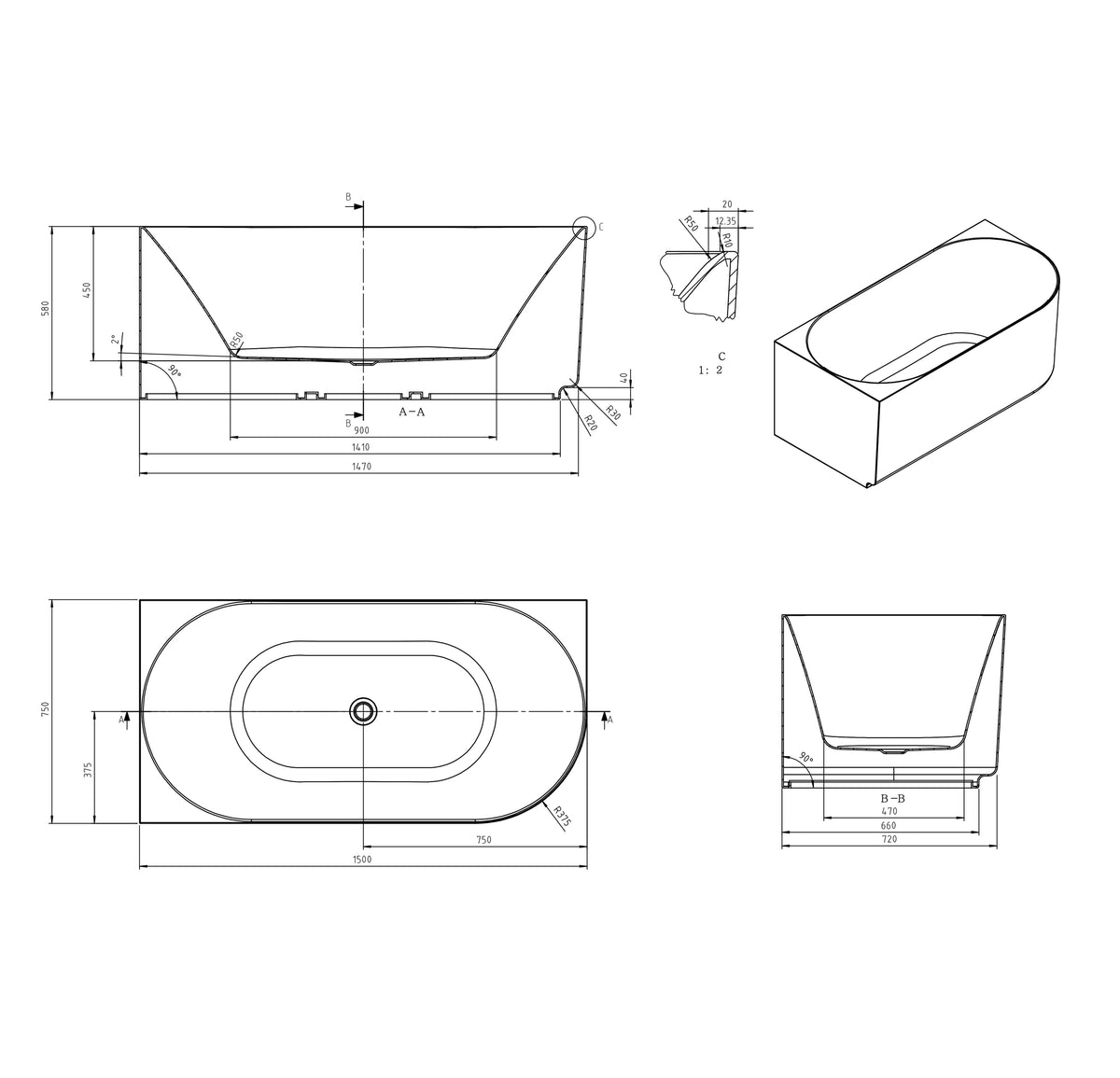Attica Celine Left Corner 1500 Gloss White Bath with Overflow technical drawing