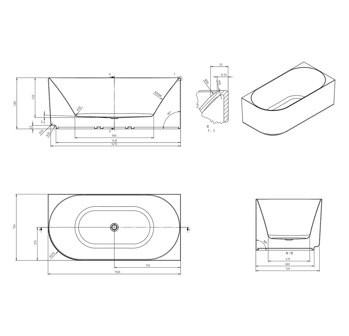 Attica Celine Right Corner 1500 Gloss White Bath with Overflow technical drawing