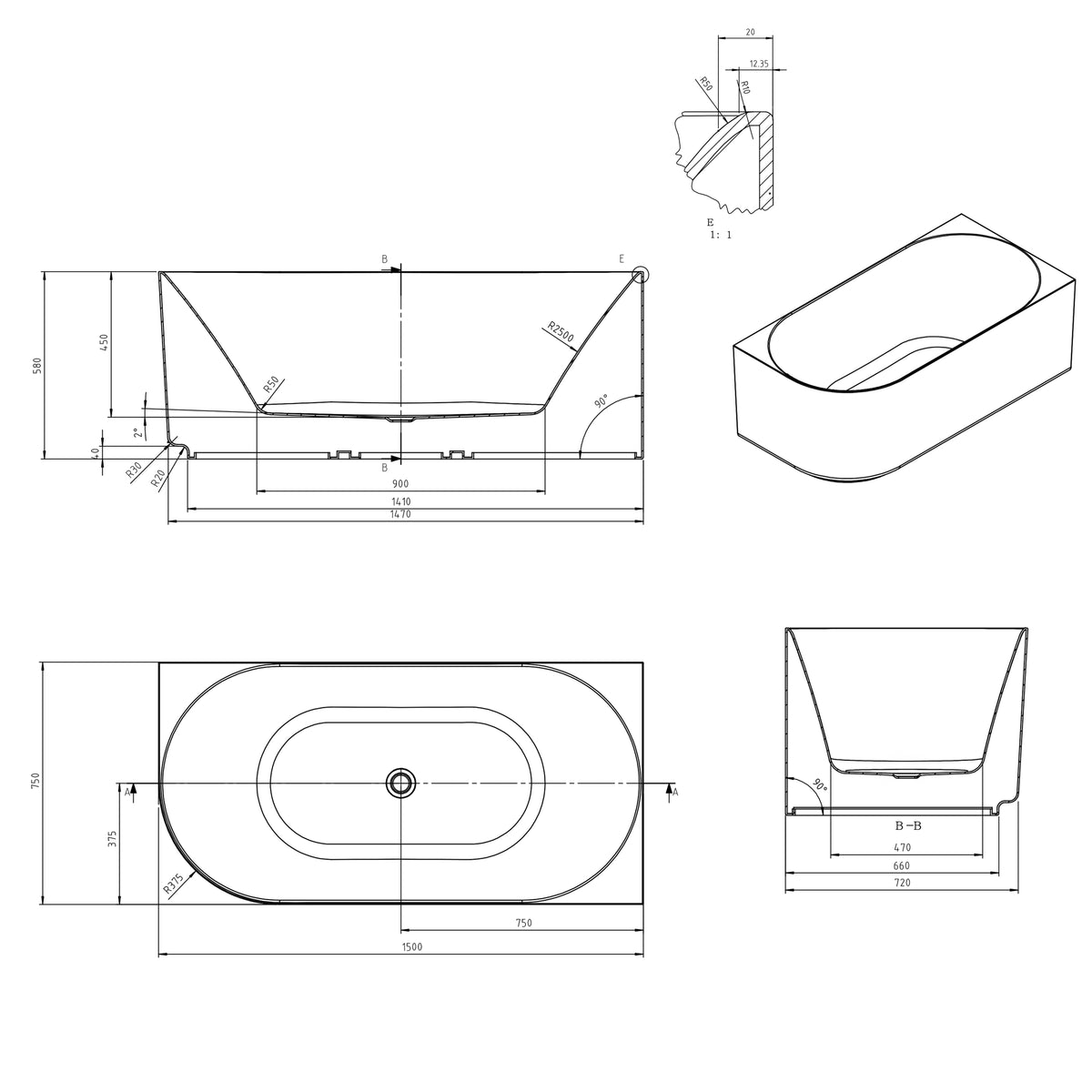 Otti Attica Celine Right Corner 1500 Matte White Bath with Overflow technical drawing