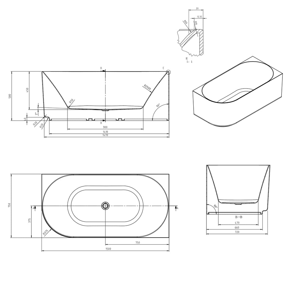 Otti Attica Celine Right Corner 1500 Matte White Bath with Overflow technical drawing