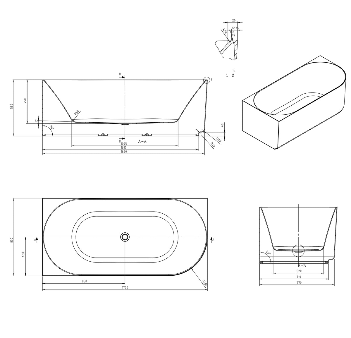 Attica Celine Left Corner 1700 Gloss White Bath with Overflow technical drawing