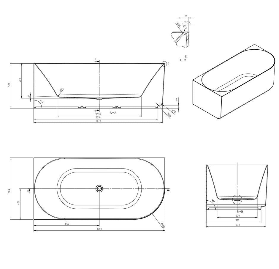 Attica Celine Left Corner 1700 Gloss White Bath with Overflow technical drawing