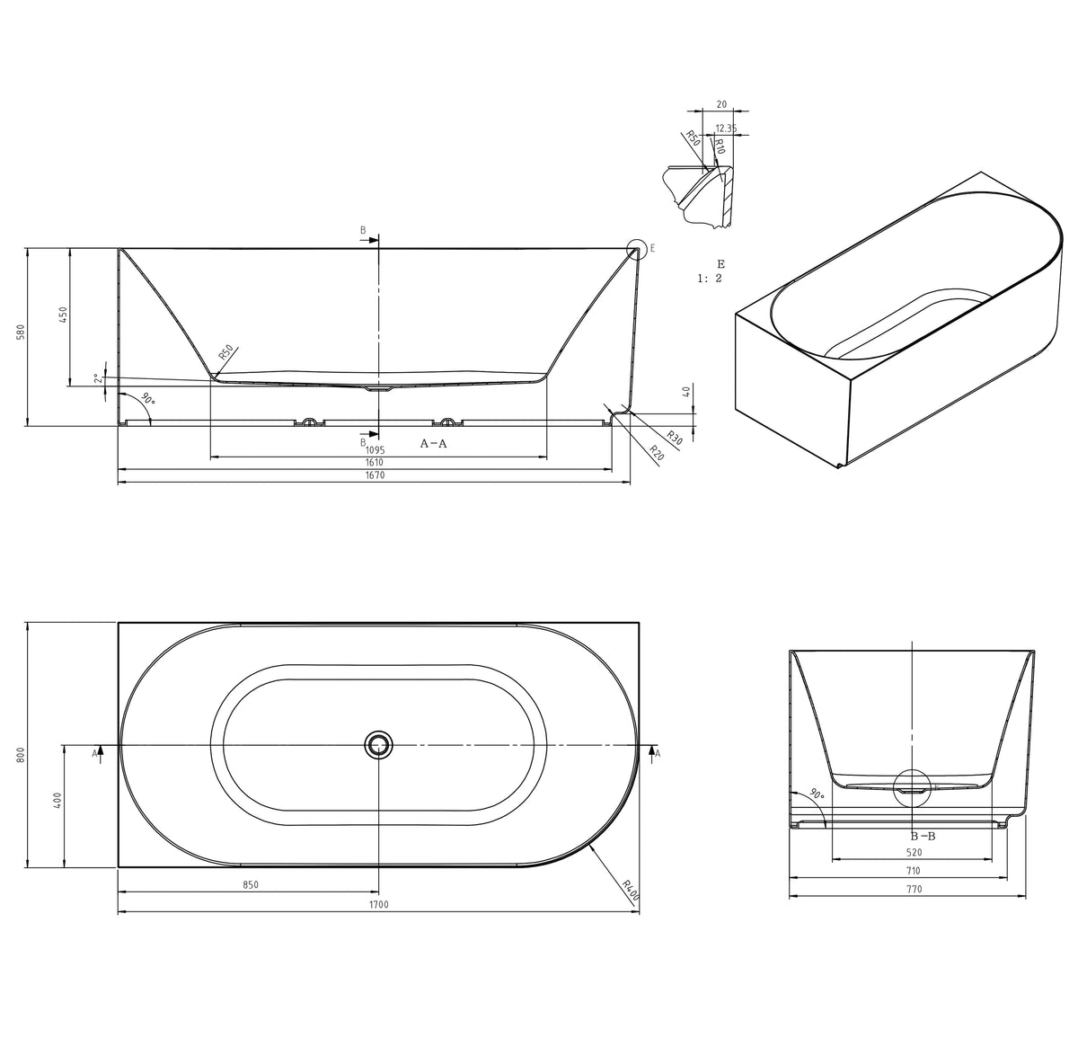Attica Celine Left Corner 1700 Matte White Bath with Overflow technical drawing