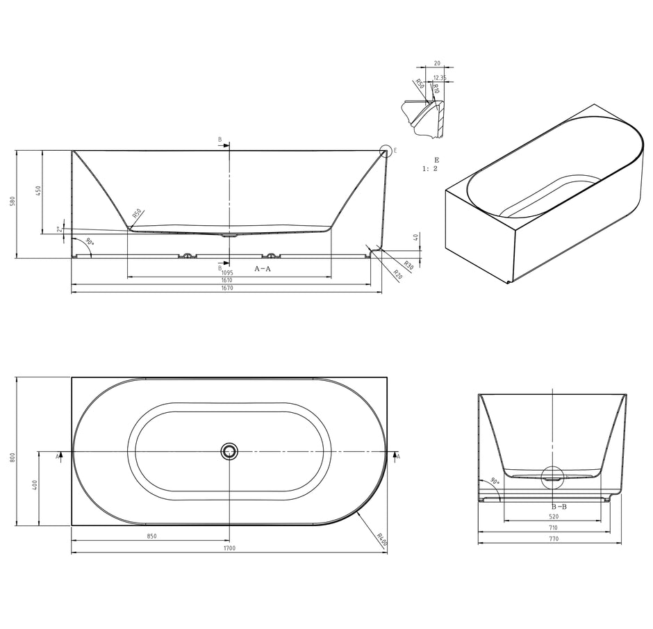 Attica Celine Left Corner 1700 Matte White Bath with Overflow technical drawing
