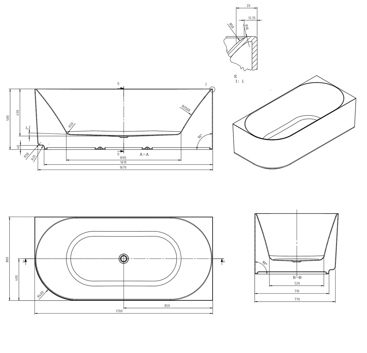 Otti Attica Celine Right Corner 1700 Matte White Bath with Overflow technical drawing