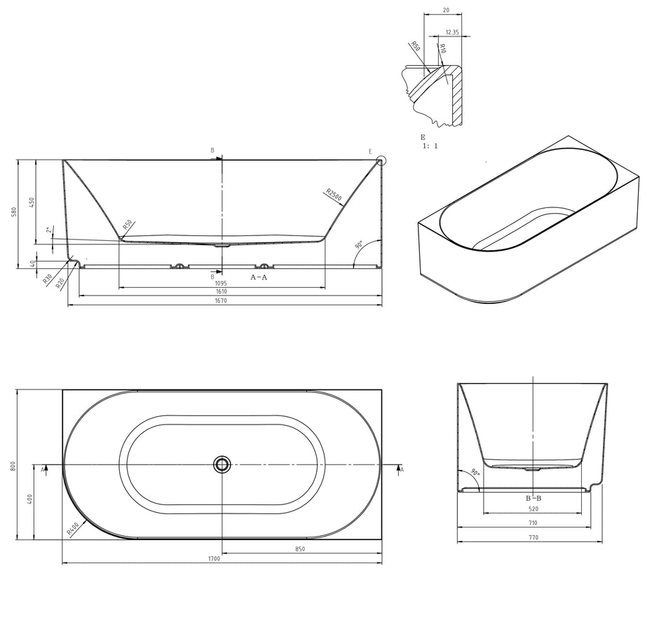 Otti Attica Celine Right Corner 1700 Matte White Bath with Overflow technical drawing