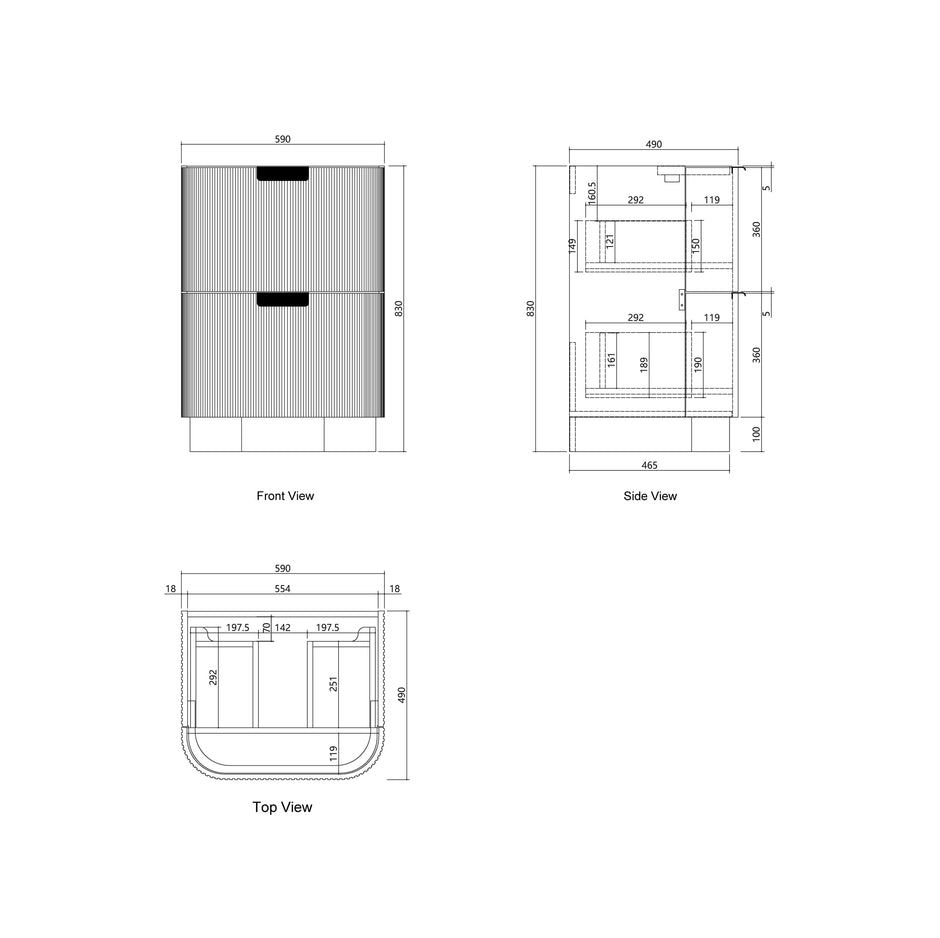 Havana Fluted 600mm Woodland Oak Floorstanding Curve Vanity technical drawing