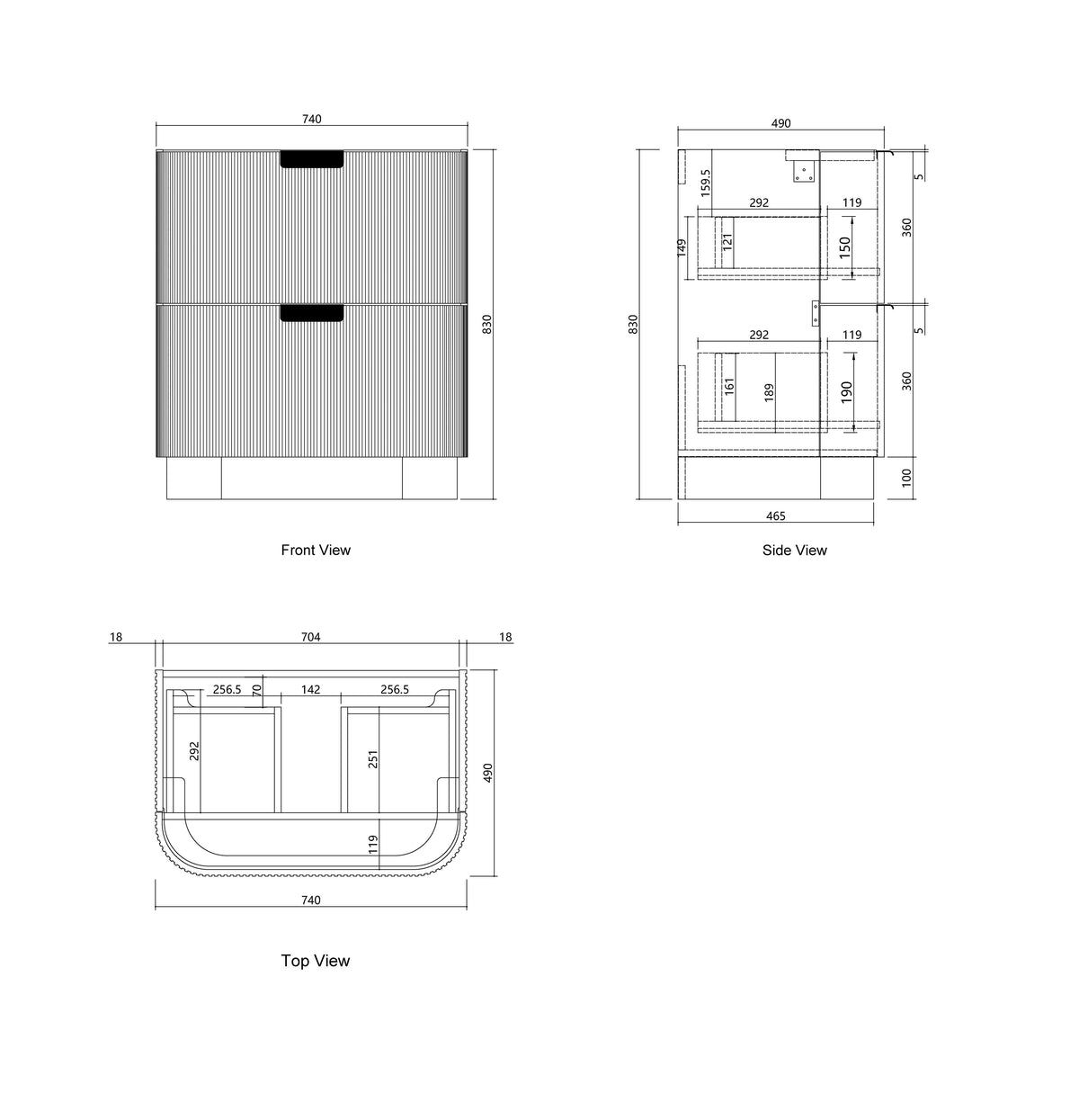 Havana Fluted 750mm Sable Walnut Floorstanding Curve Vanity technical drawing