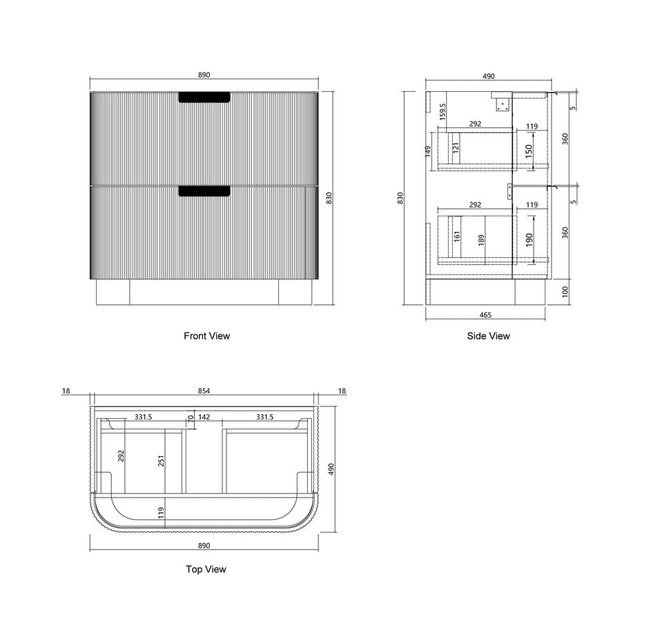Havana Fluted 900mm Sable Walnut Floorstanding Curve Vanity technical drawing