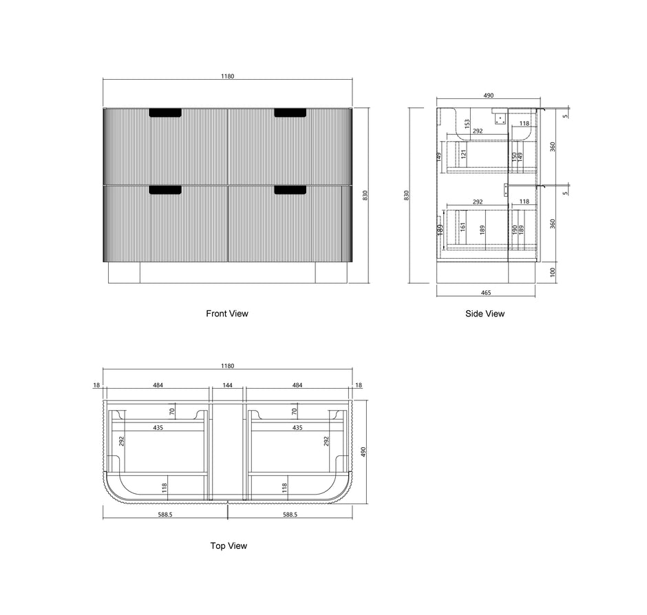 Havana Fluted 1200mm Woodland Oak Floorstanding Curve Vanity technical drawing