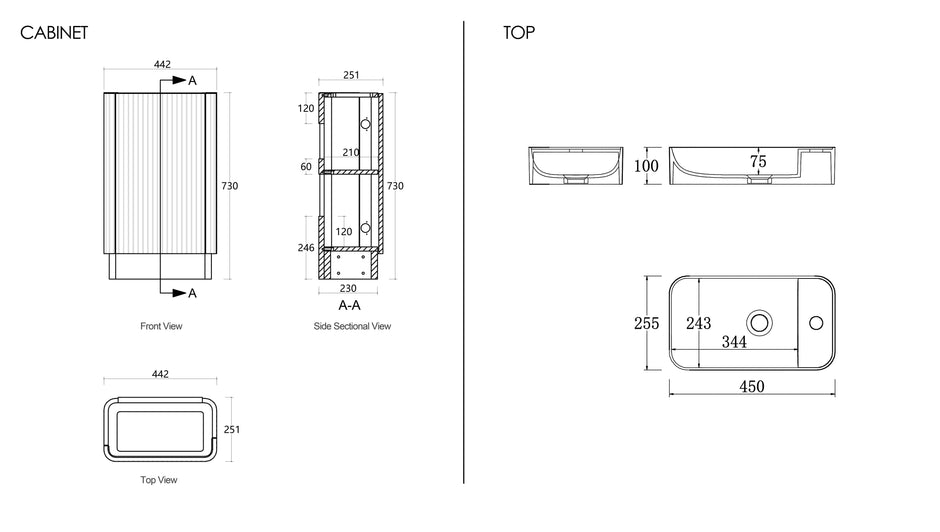 Maxi Space Saver Woodland Oak Curved Floor Standing Vanity technical drawing