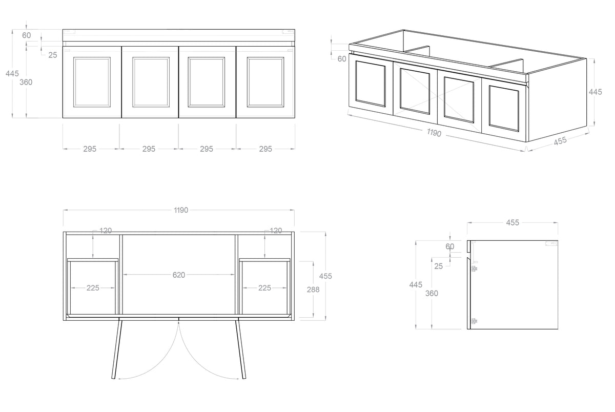 Hampton Mark II 1200mm Satin White Wall Hung Vanity technical drawing