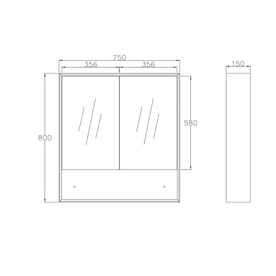 Byron 750x800 Natural Oak Shaving Cabinet technical drawing