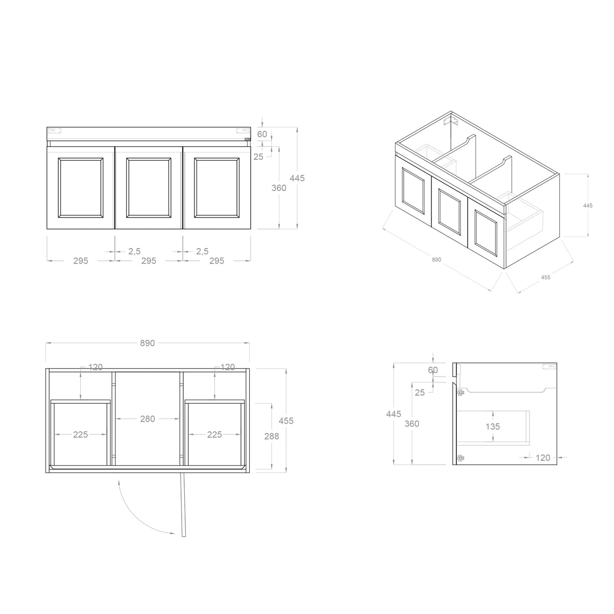 Otti Hampton Mark II 900mm Satin White Wall Hung Vanity technical drawing