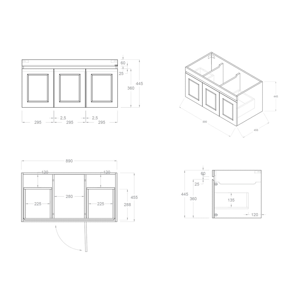 Otti Hampton Mark II 900mm Satin White Wall Hung Vanity technical drawing