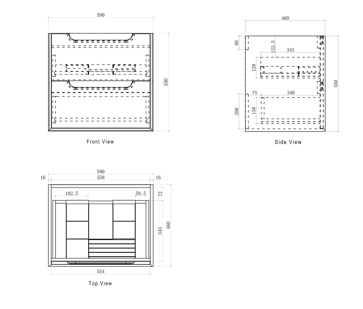Byron 600mm Natural Oak Wall Hung Vanity technical drawing