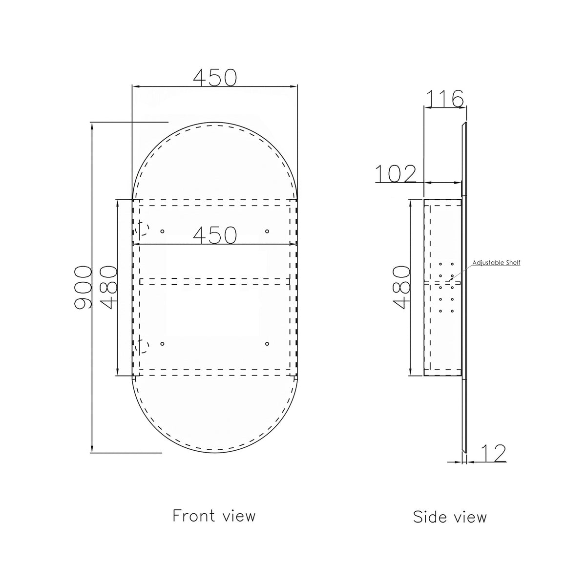 Noosa 900x450 Natural Oak Shaving Cabinet technical drawing