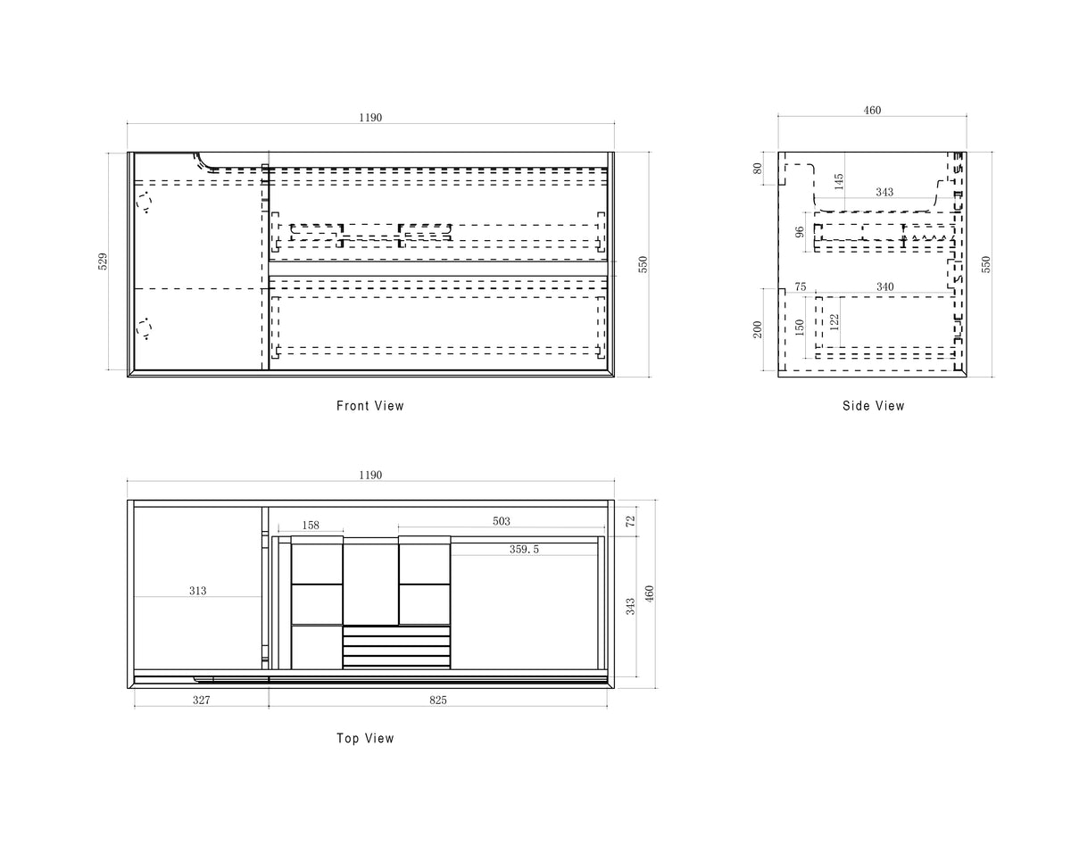 Byron 1200mm Natural Oak Wall Hung Vanity technical drawing