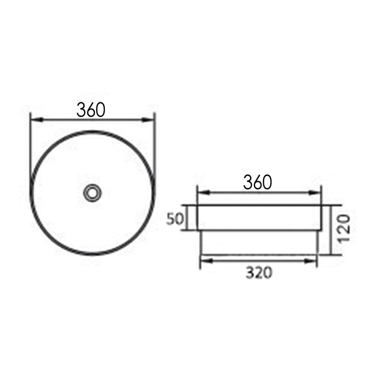 Semi Inset Round 355x355x120 Matte White Basin technical drawing