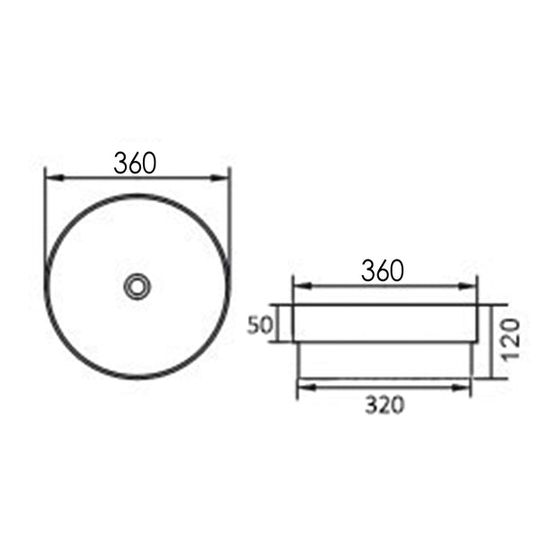 Semi Inset Round 355x355x120 Gloss White Basin technical drawing