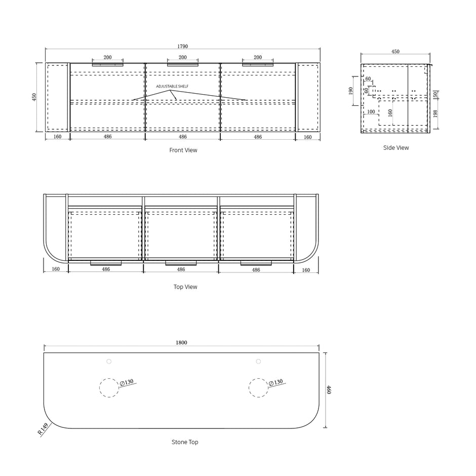 Bondi 1800mm Natural Oak Wall Hung Curve Vanity technical drawing