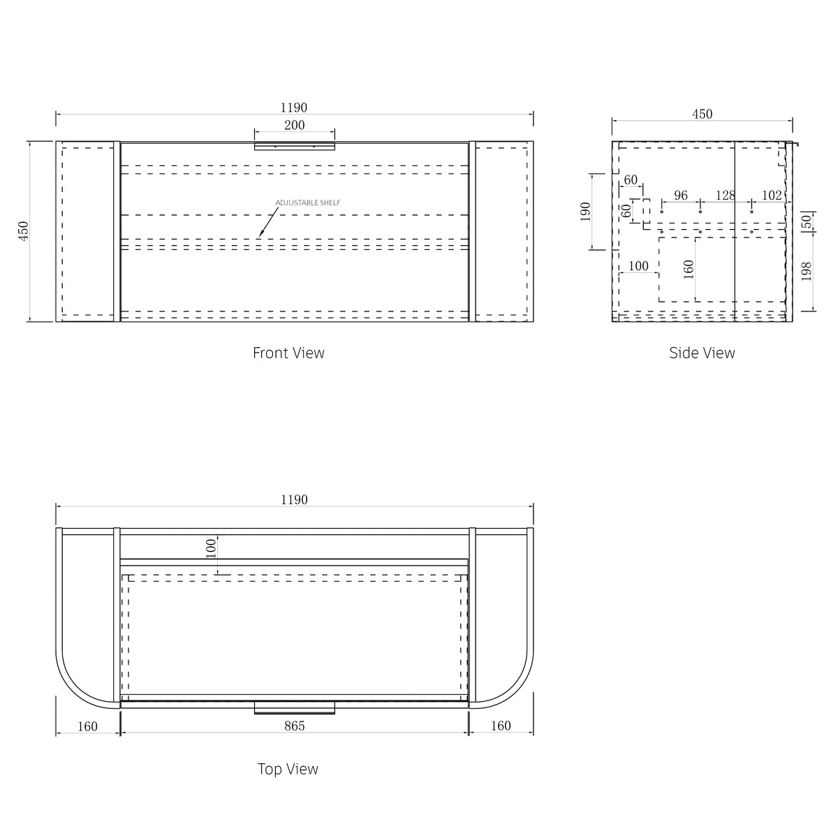 Bondi 1200mm Natural Oak Wall Hung Curve Vanity technical drawing