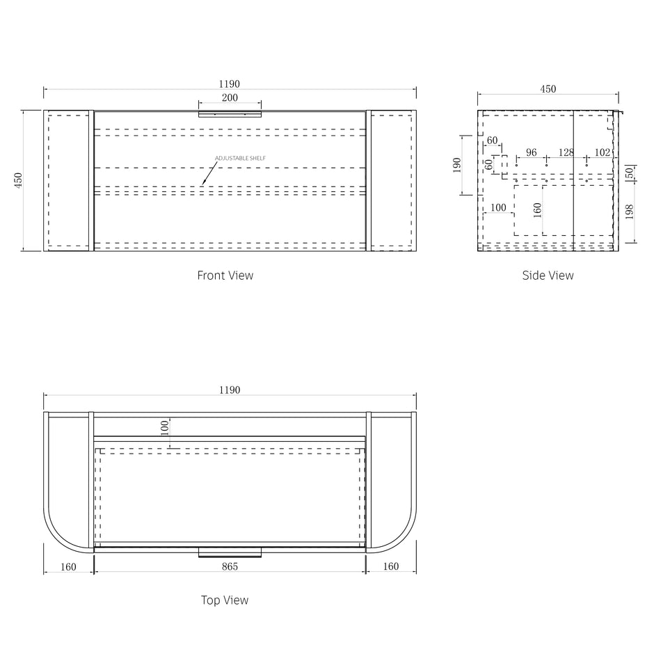 Bondi 1200mm Natural Oak Wall Hung Curve Vanity technical drawing