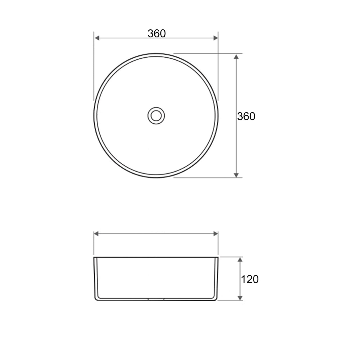 Radius Round 360x360x115 Carrara Basin technical drawing