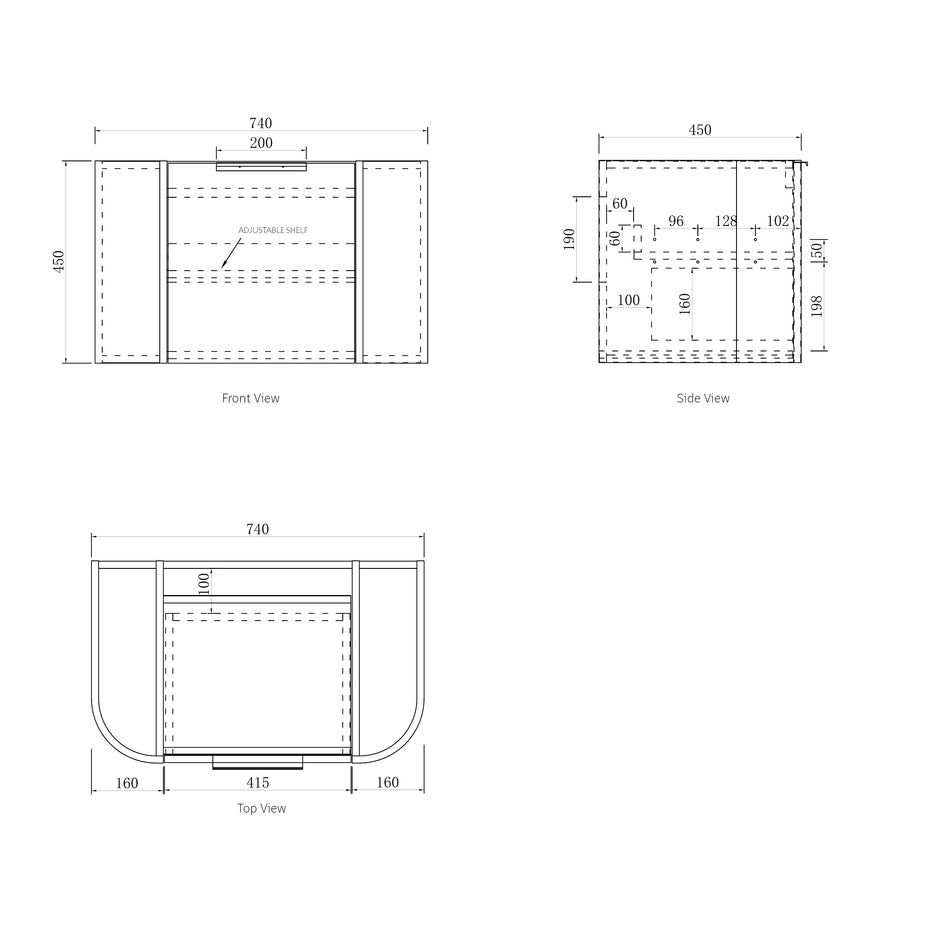 Bondi 750mm Natural Oak Wall Hung Curve Vanity (12TH & NTH Only) technical drawing