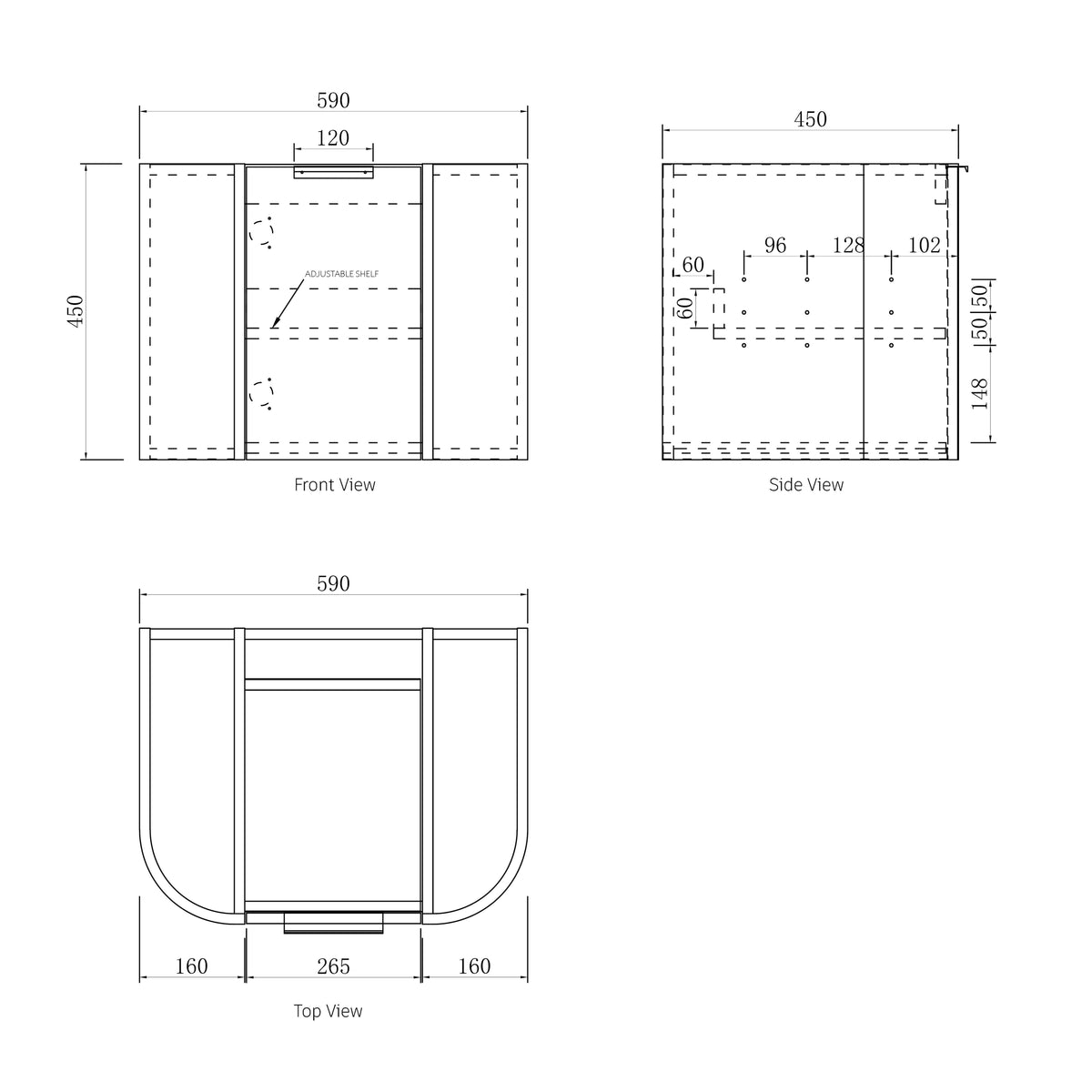 Bondi 600mm Satin White Fluted Wall Hung Curve Vanity (12TH & NTH Only) technical drawing