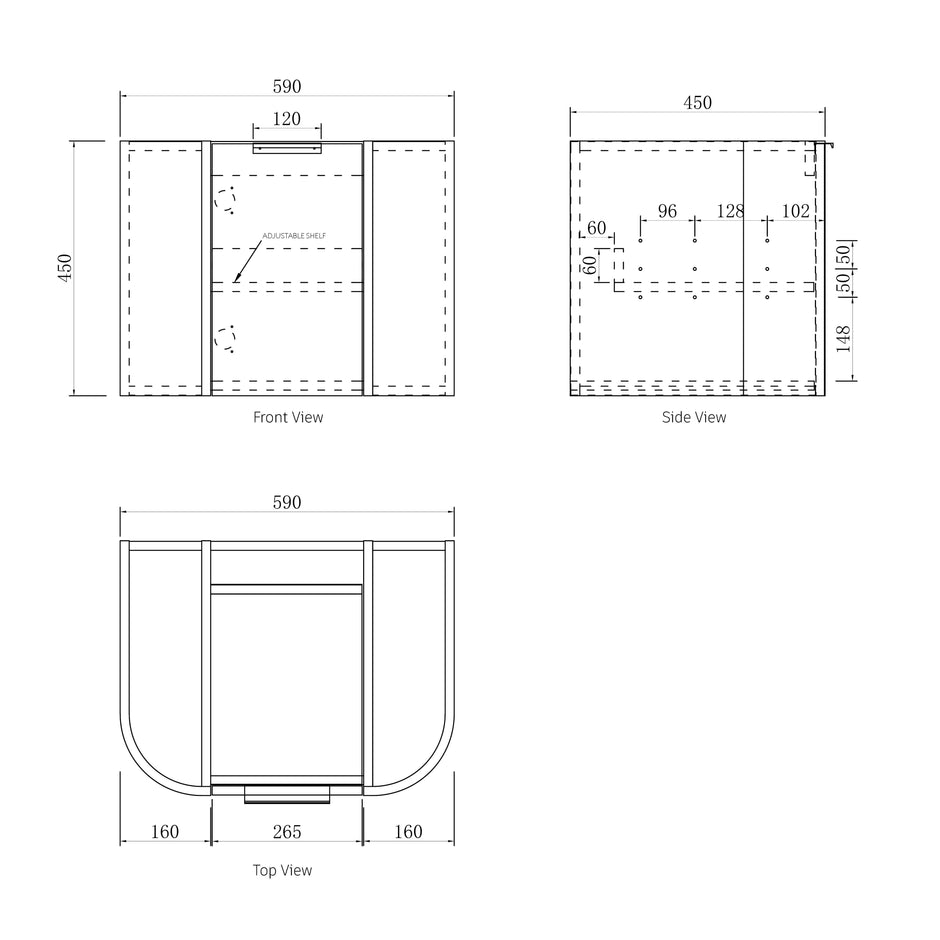 Otti Bondi 600mm Natural Oak Wall Hung Curve Vanity (12TH and NTH Only) technical drawing