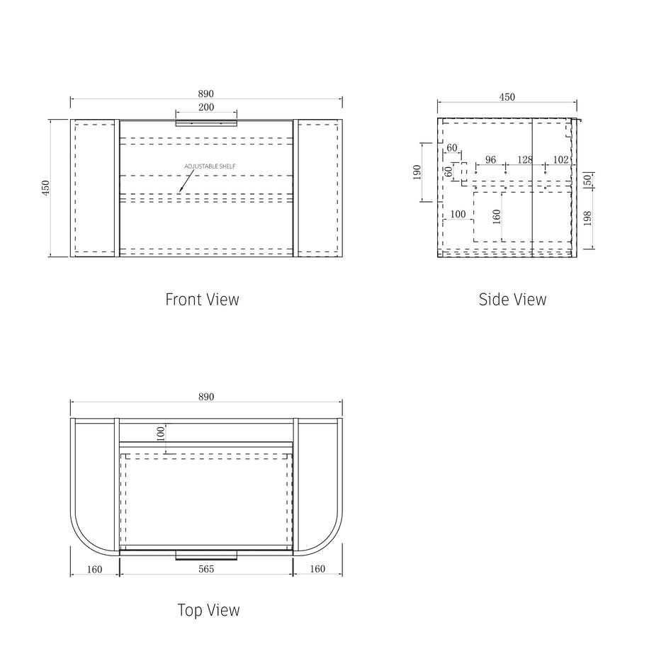 Otti Bondi 900mm Black Oak Wall Hung Curve Vanity technical drawing