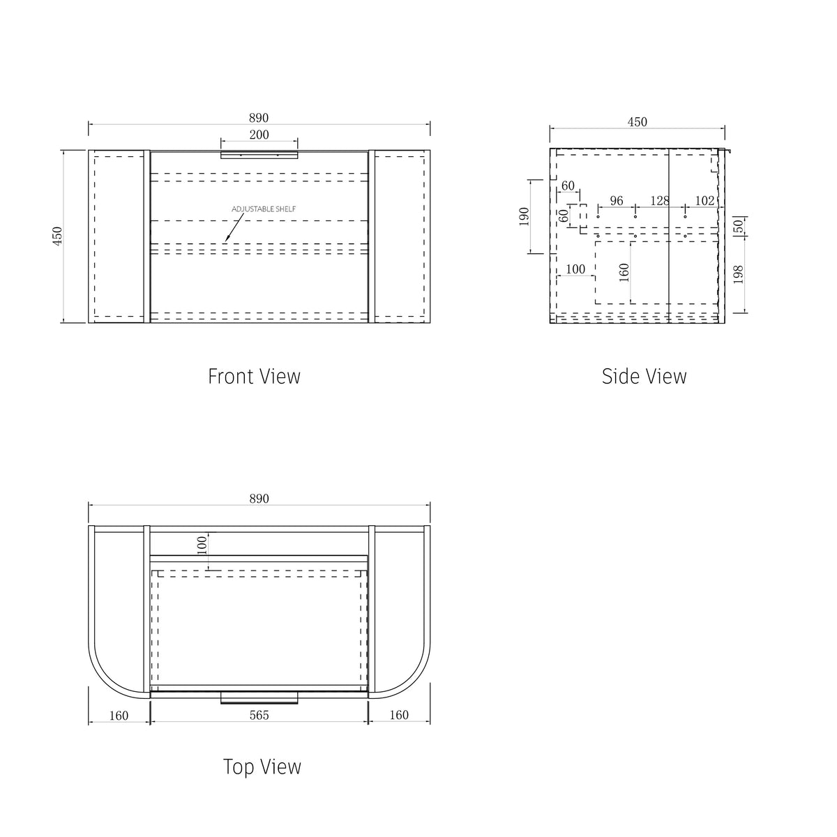 Bondi 900mm Natural Oak Wall Hung Curve Vanity technical drawing