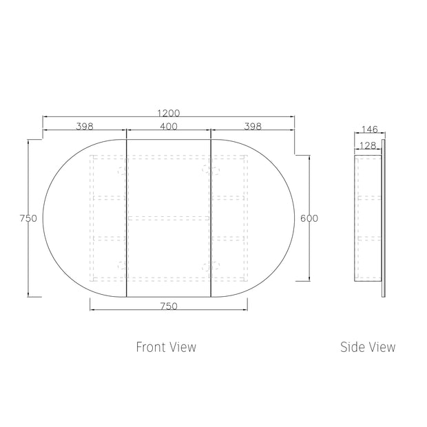 Bondi 1200x750 White Shaving Cabinet technical drawing