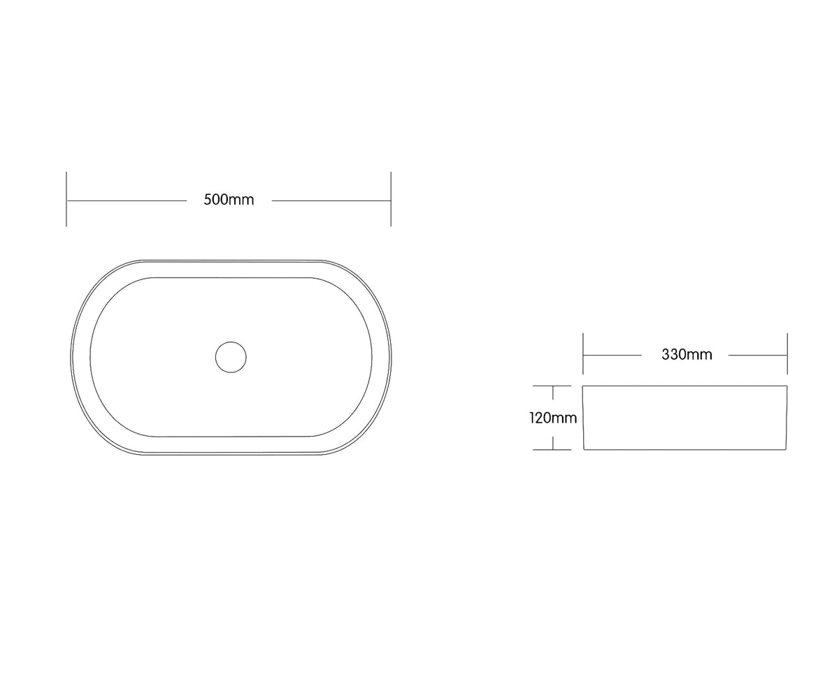 Quay Oval 500x330x120 Matte Carrara Basin technical drawing