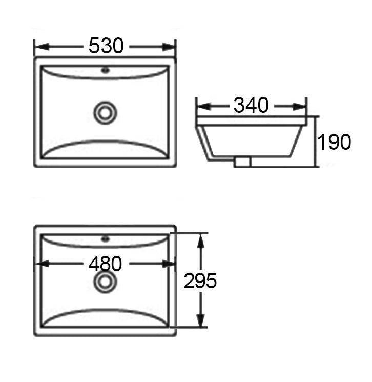 Undermount Square 530x340x190 Basin technical drawing