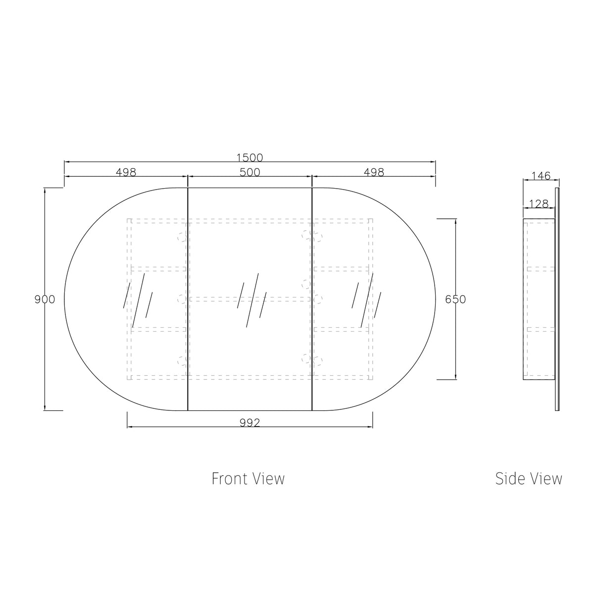 Bondi 1500x900 Black Oak Shaving Cabinet technical drawing