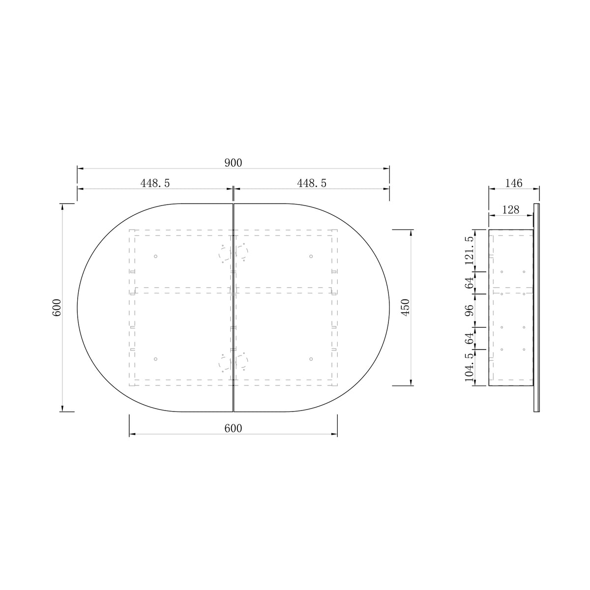 Bondi 900x600 Black Oak Shaving Cabinet technical drawing