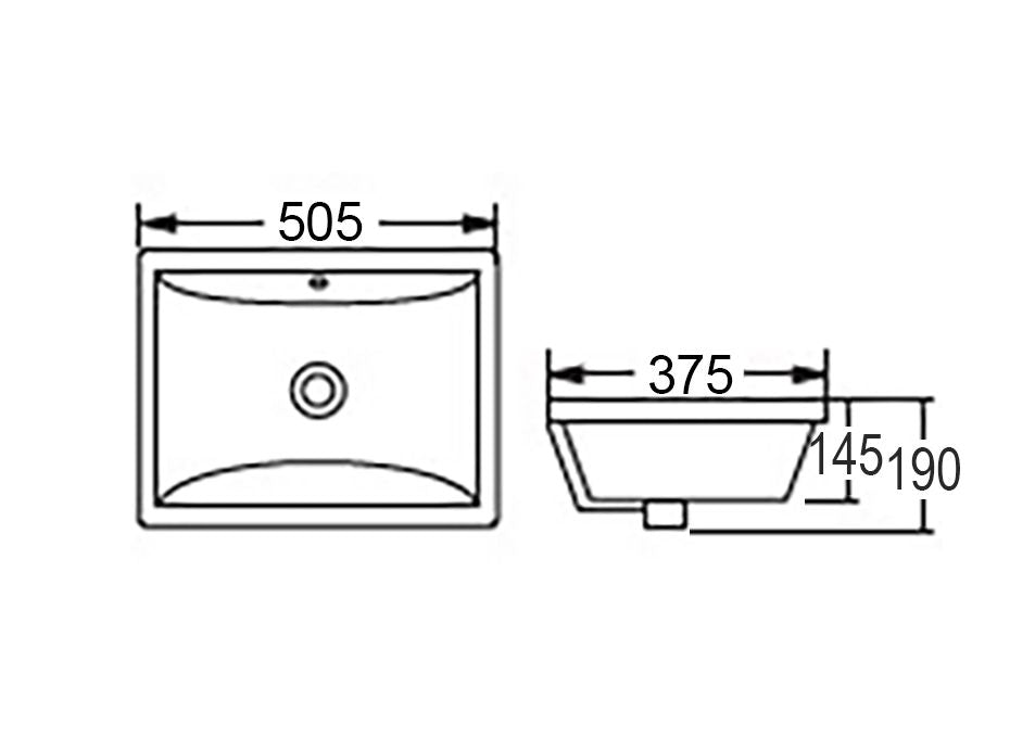 Undermount Square 505x375x190 Basin technical drawing