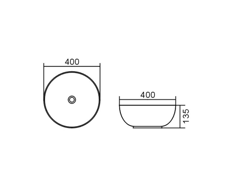 Bondi 400x400x135 Matte White Basin technical drawing