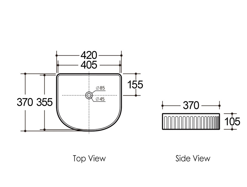 Archie 415x365x100 Matte Black Fluted Basin technical drawing