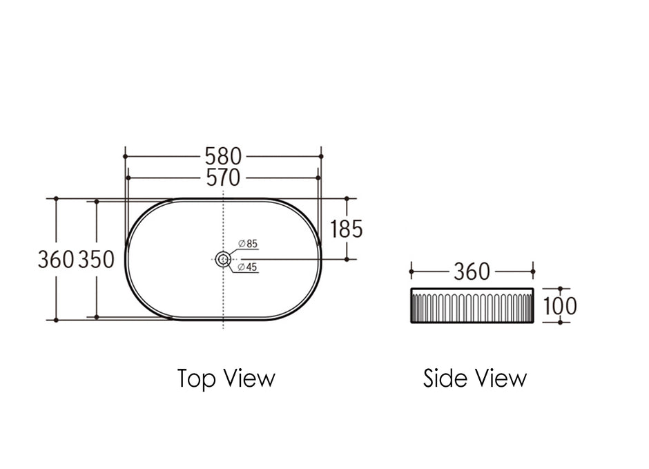 Otti Kensington Oval 580x360x120 Matte Pink Basin technical drawing