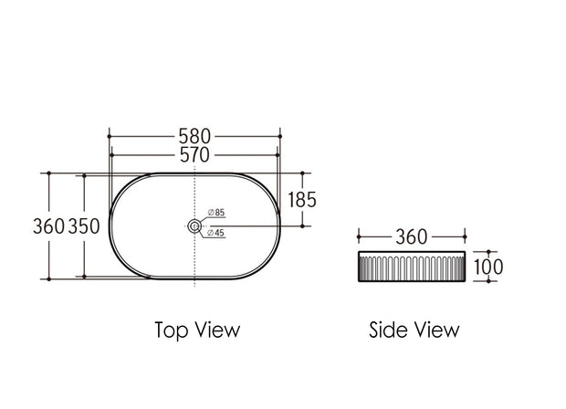 Kensington Oval 580x360x120 Matte Pink Basin technical drawing