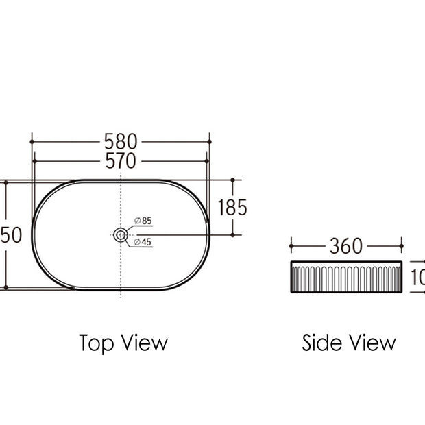 Kensington Oval 580x360x120 Matte Pink Basin technical drawing