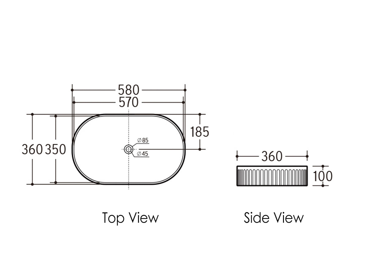 Kensington Oval 580x360x120 Matte Black Basin technical drawing