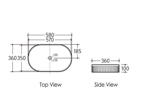Otti Kensington Oval 580x360x120 Matte Black Basin technical drawing