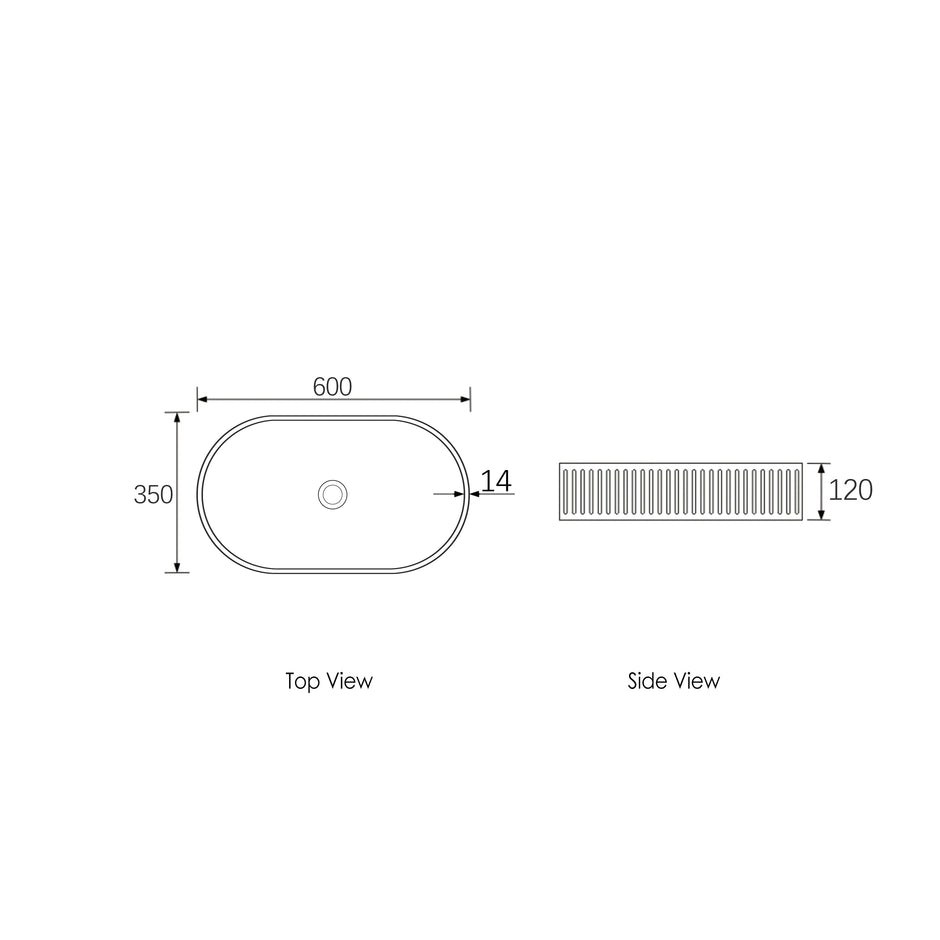 Hudson Oval 600x350x120 Concrete Fluted White Basin technical drawing