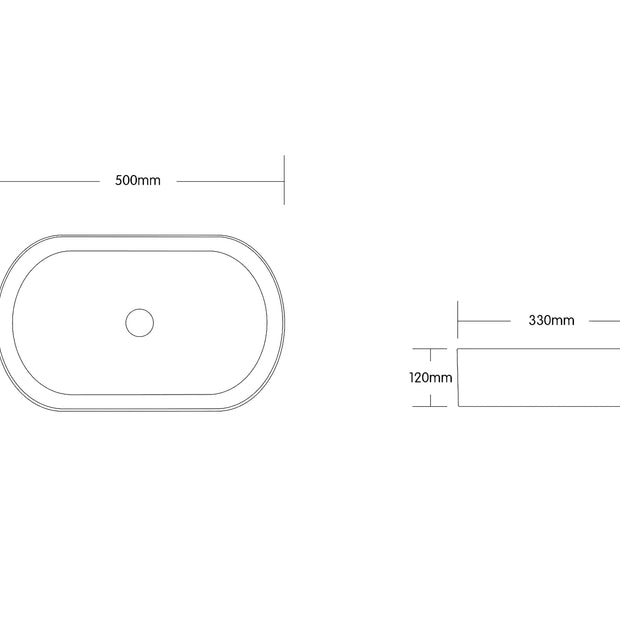 Quay Oval 500x330x120 Gloss Carrara Basin technical drawing