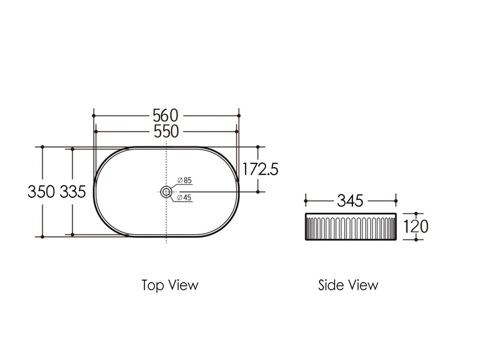 Kensington Oval 560x350x120 Matte Black Basin technical drawing